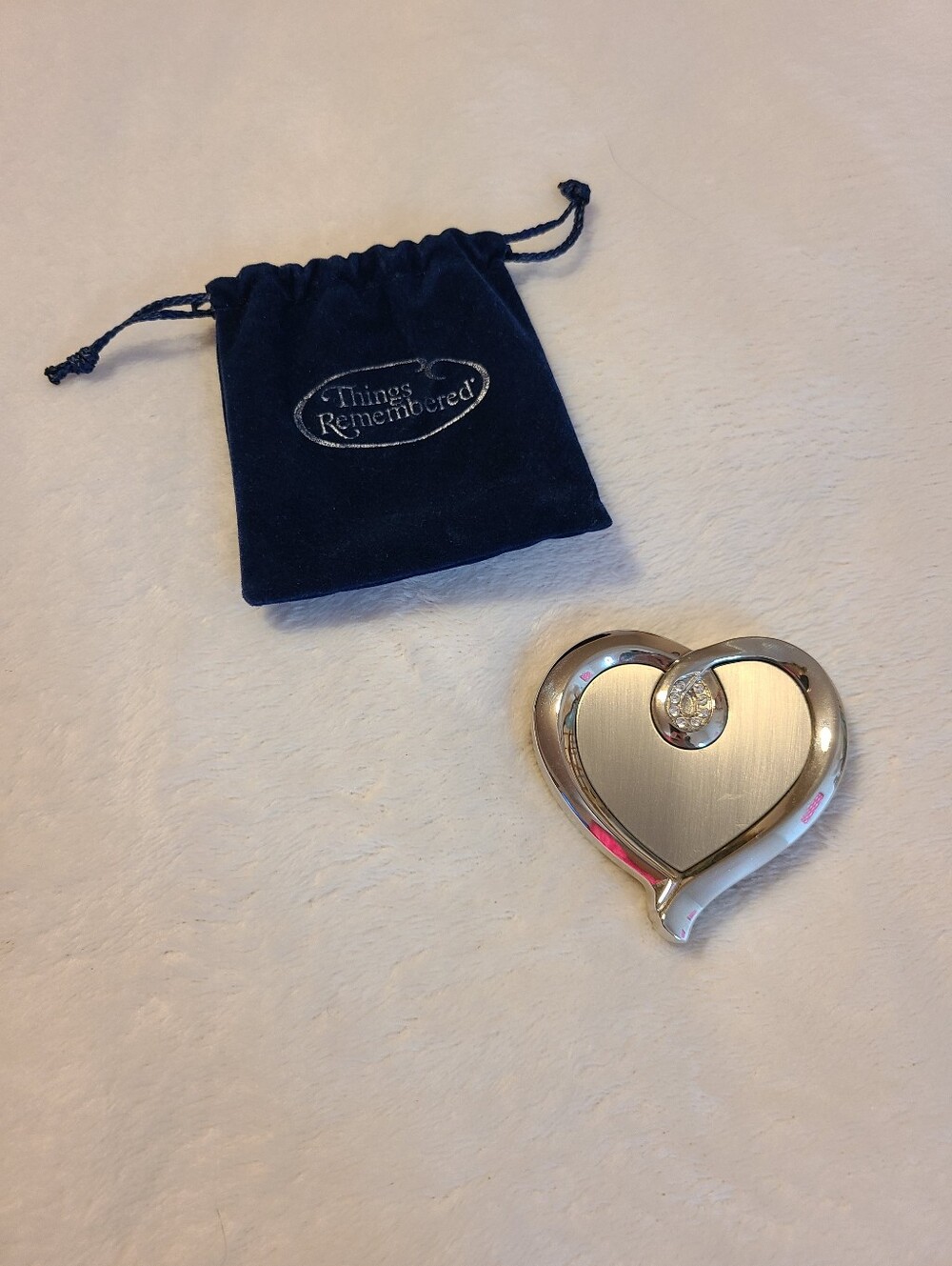 Things Remembered Silver Heart Compact Mirror with Navy Velvet Pouch
